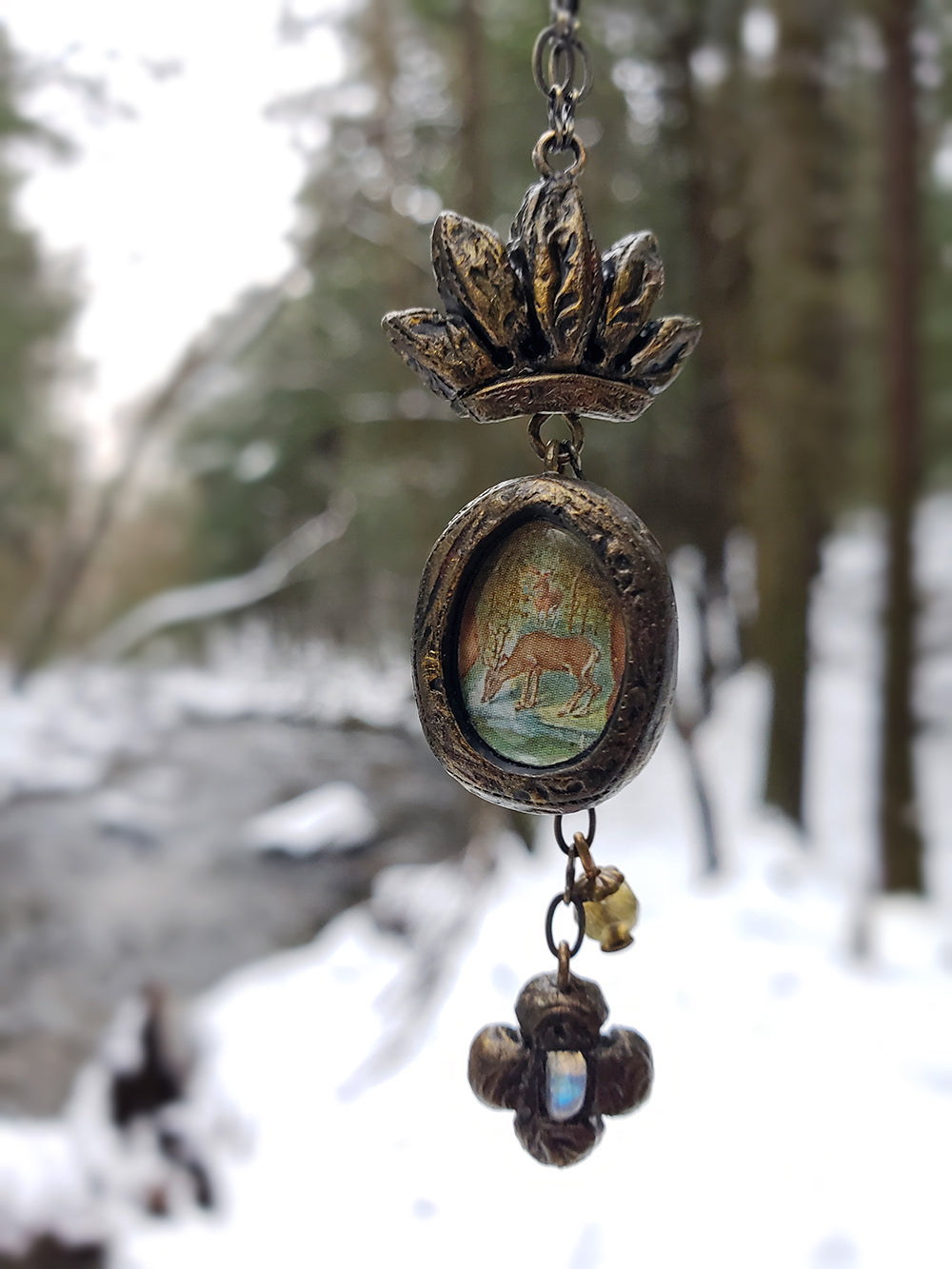 Crowned Stag Amulet with Labradorite Clover Cross