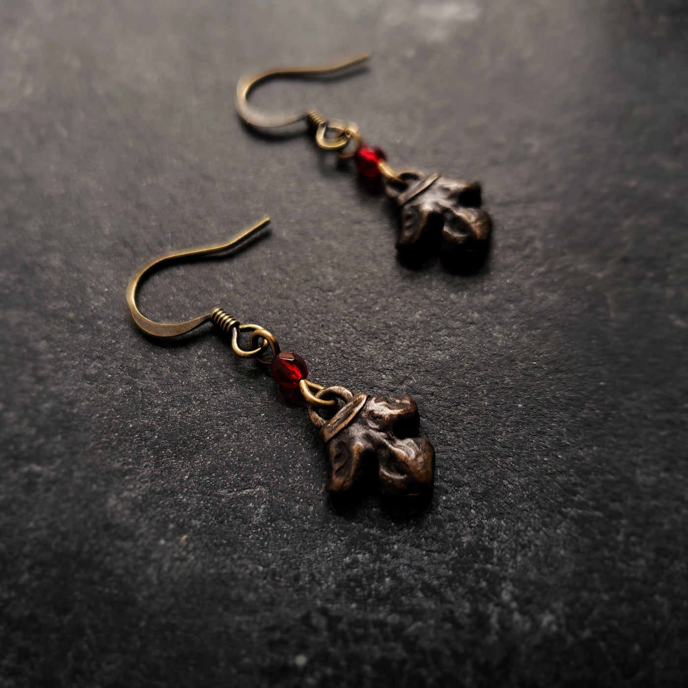 fleur earrings : ruby glass & antiqued bronze