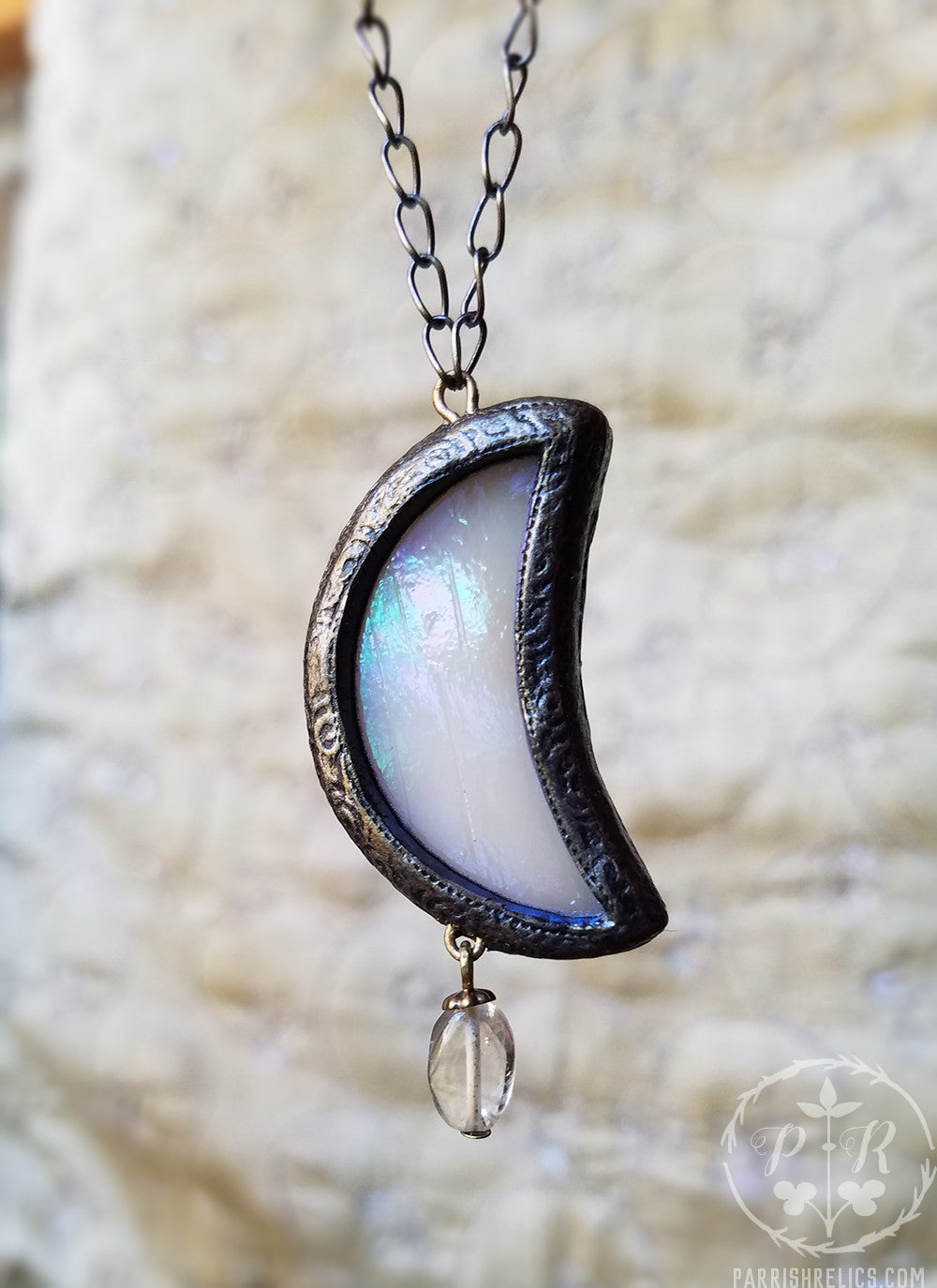 Citrine Iridescent Luna Crescent ~ Stained Glass Amulet