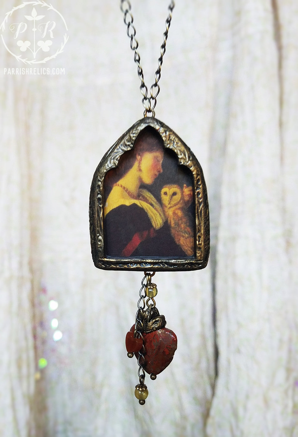 The Owl ~ Sacred Heart Gothic Arch Pictorial Shrine Amulet