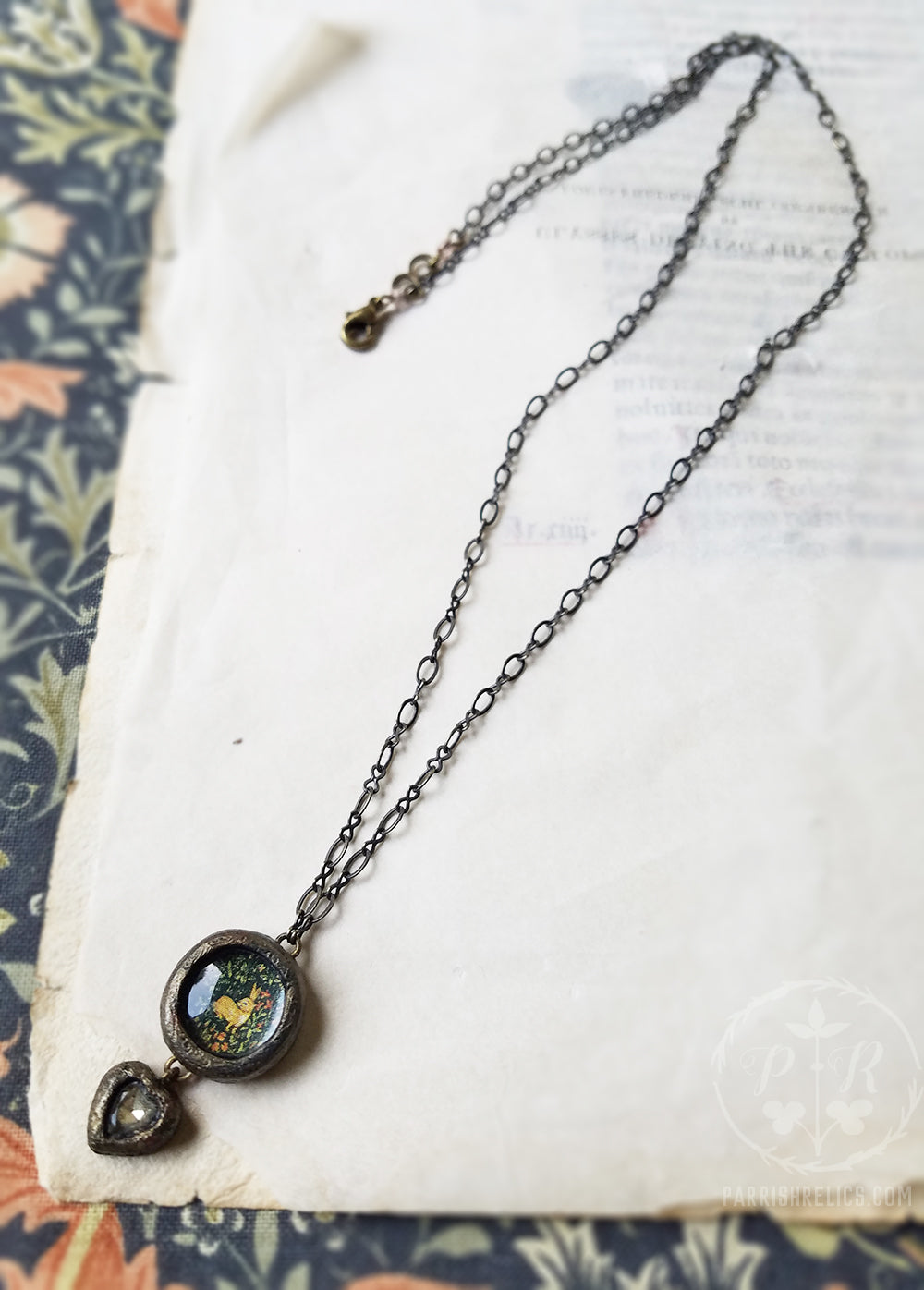 Millefleur Tapestry Rabbit & Vintage Glass Heart ~ Pictorial Shrine Amulet