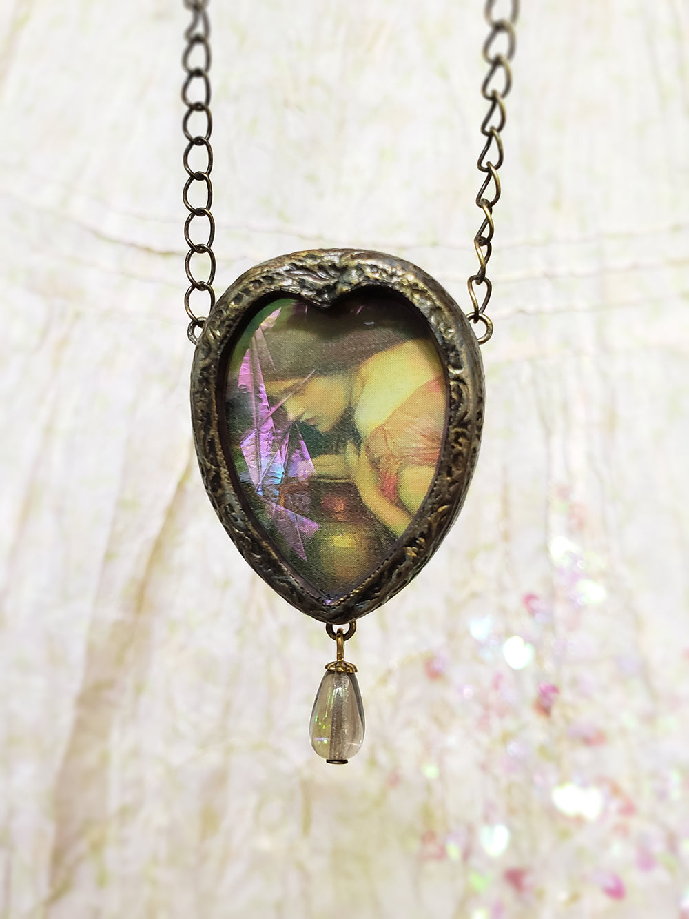 Waterhouse Nymph ~ Iridescent Stained Glass Heart Pictotrial Shrine Amulet