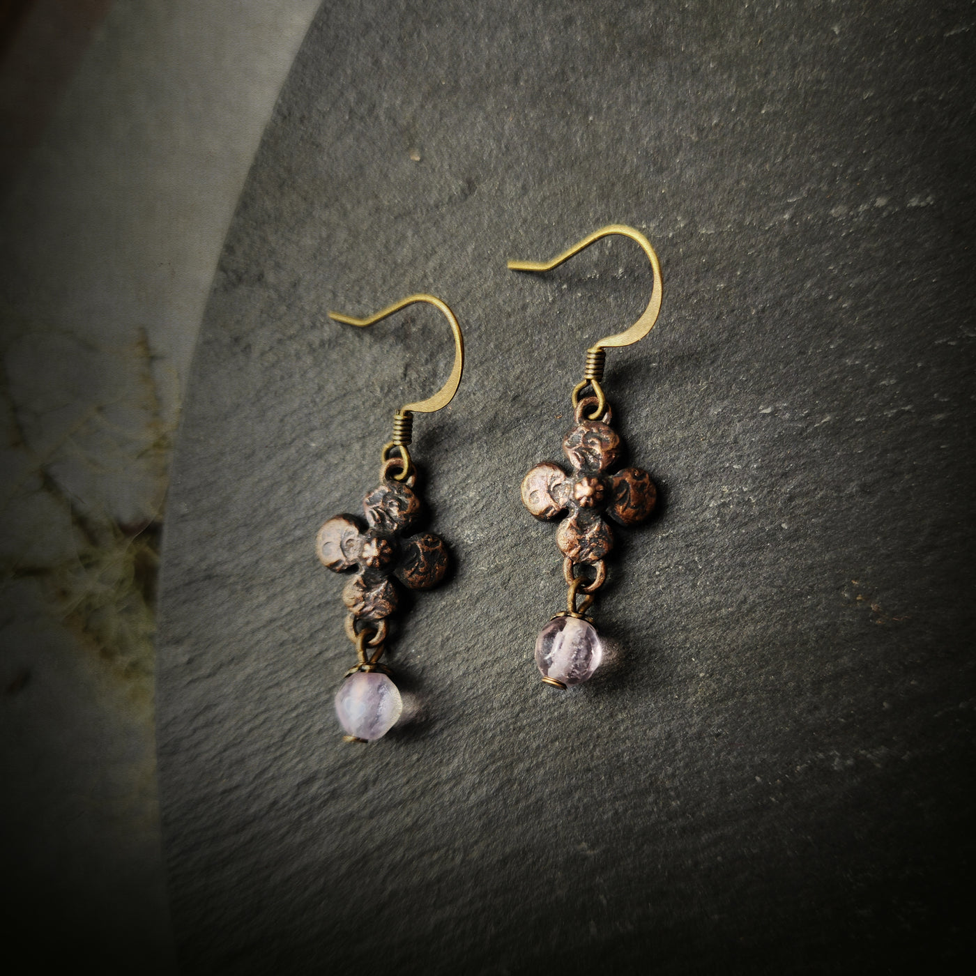 clover earrings : faceted fluorite & antiqued bronze