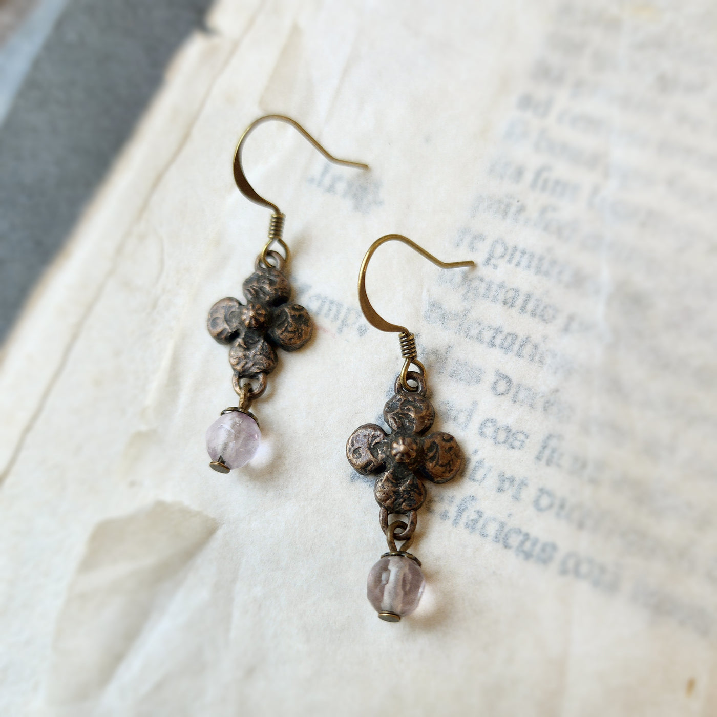 clover earrings : faceted fluorite & antiqued bronze