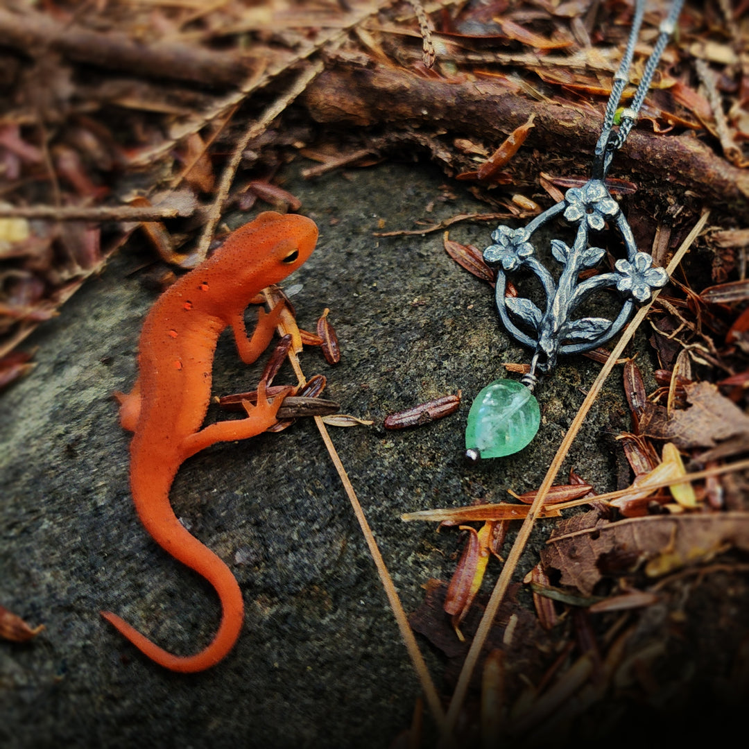 trois fleurs sacrées amulet - antiqued sterling with aventurine leaf