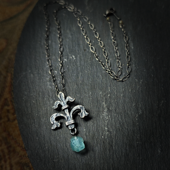fleur de lis amulet - antiqued sterling with raw green apatite