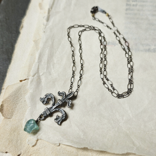 fleur de lis amulet - antiqued sterling with raw green apatite