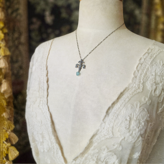 fleur de lis amulet - antiqued sterling with raw green apatite