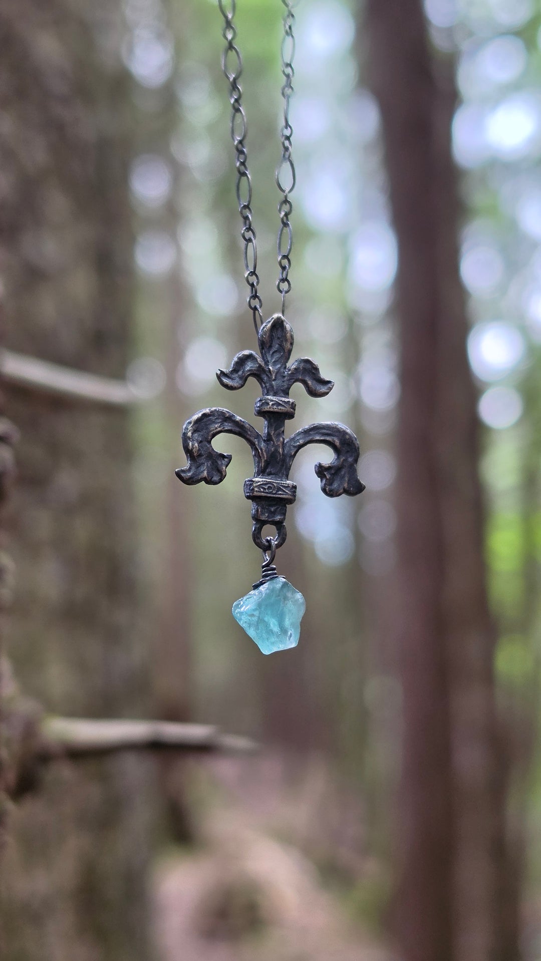 fleur de lis amulet - antiqued sterling with raw green apatite