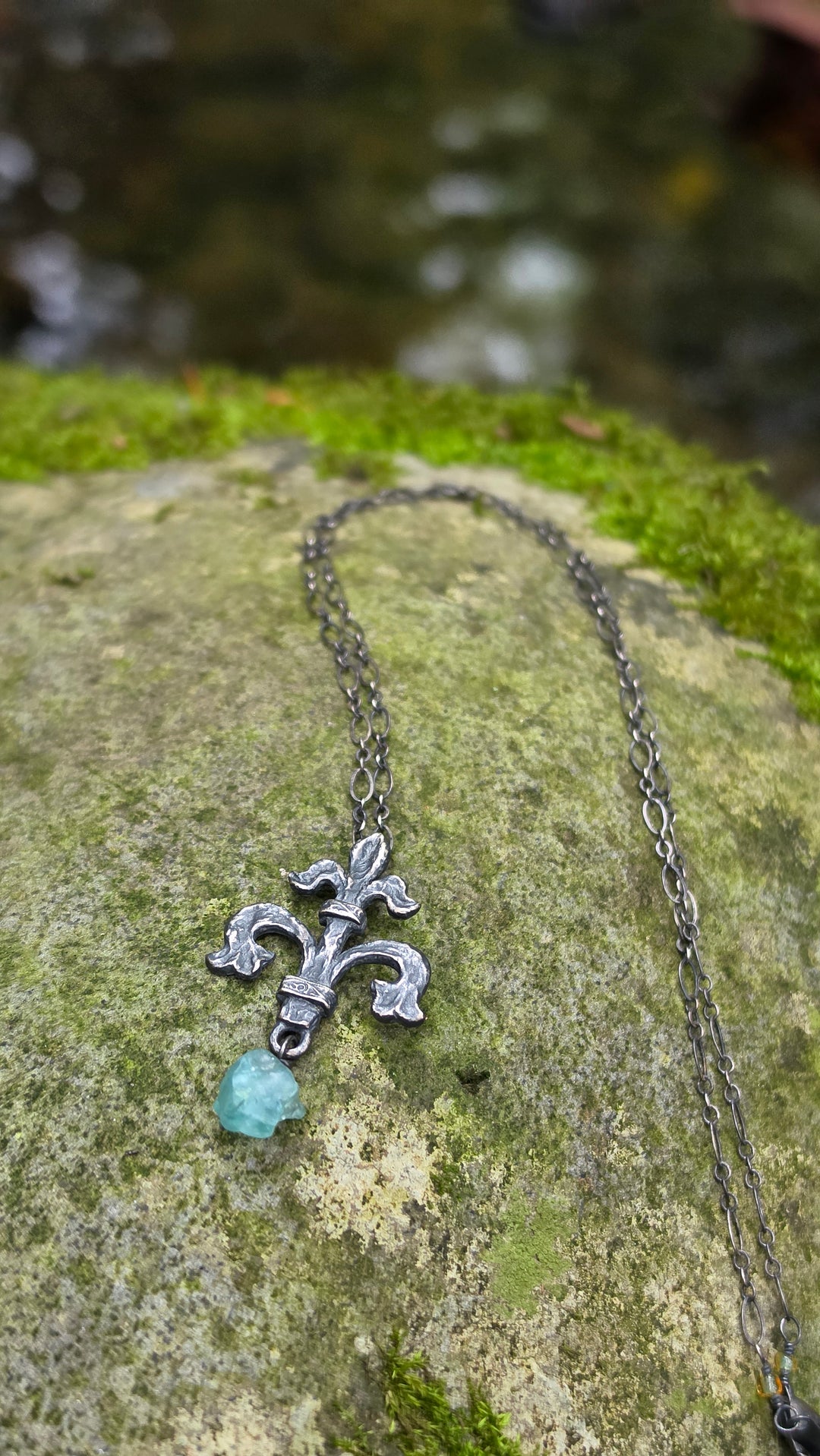 fleur de lis amulet - antiqued sterling with raw green apatite