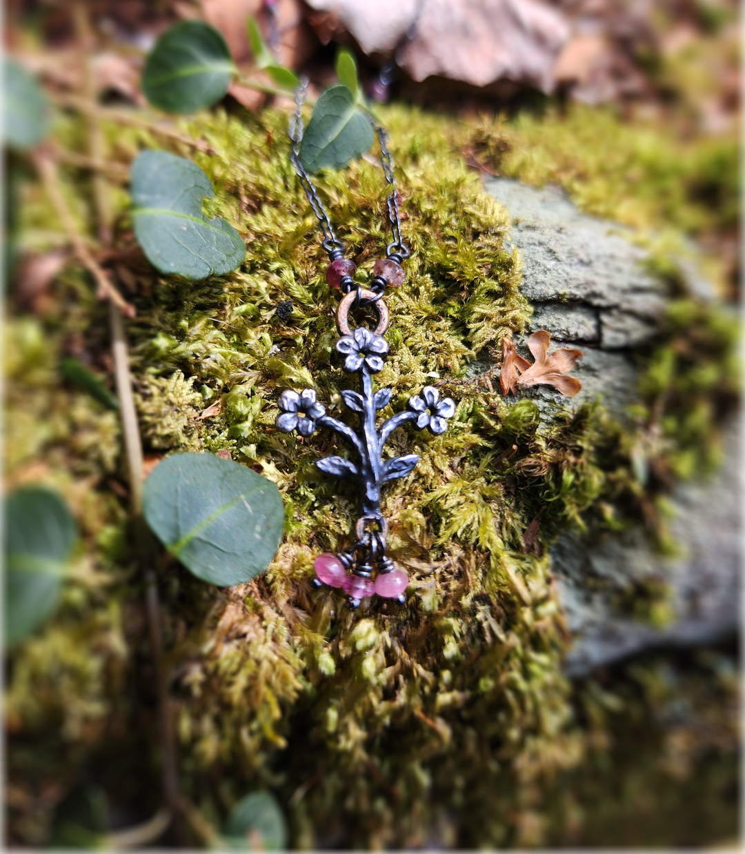 trois fleurs sacrées amulet - antiqued sterling & bronze with tourmaline