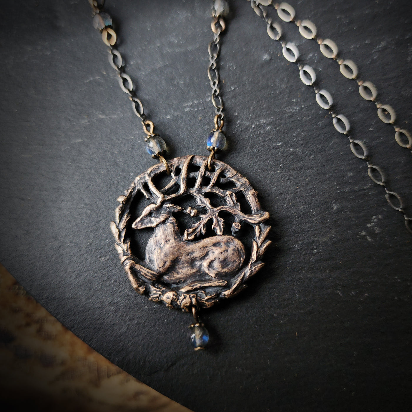 hart of the oak bower amulet - bronze & labradorite
