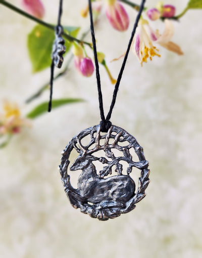 hart of the oak bower amulet - sterling silver on waxed linen cord