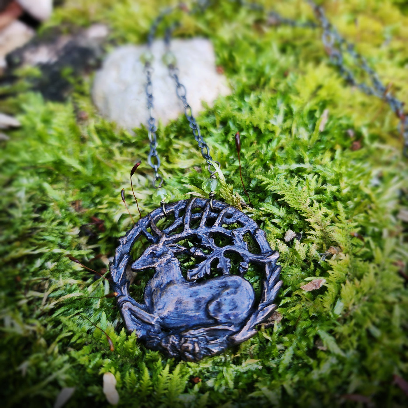 hart of the oak bower amulet - bronze & faceted peridot