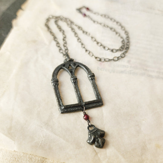 crowned queen isabella window amulet with fleur - garnet & antiqued sterling