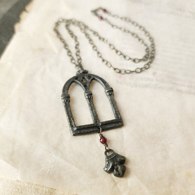 crowned queen isabella window amulet with fleur - garnet & antiqued sterling