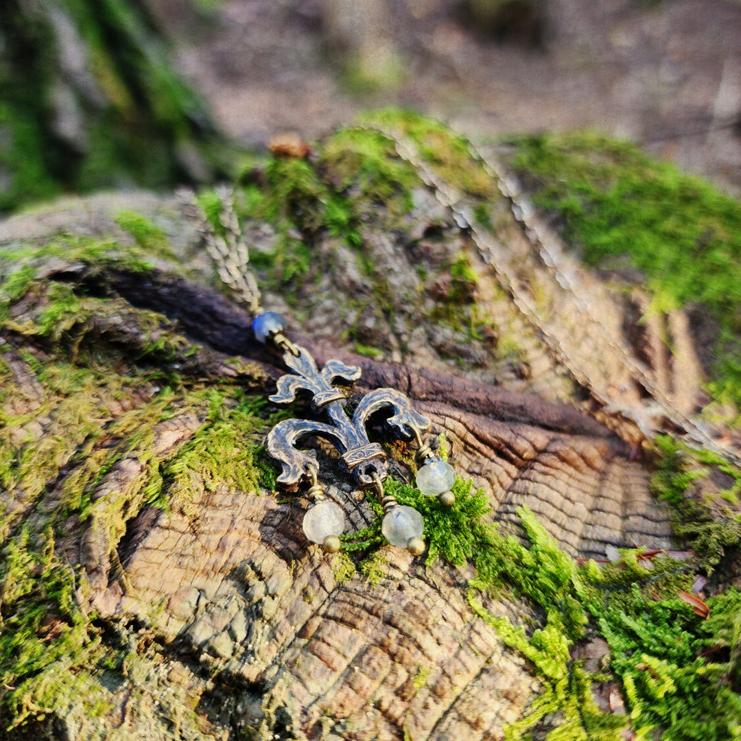 fleur de lis amulet - antiqued bronze with labradorite