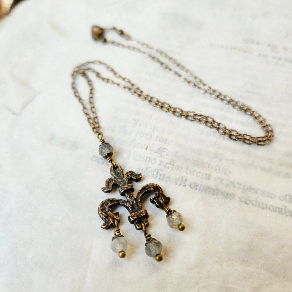 fleur de lis amulet - antiqued bronze with labradorite