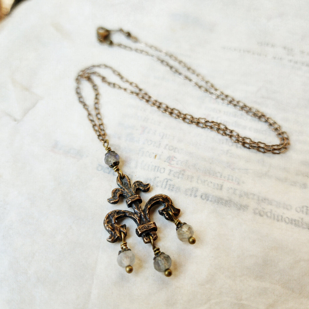 fleur de lis amulet - antiqued bronze with labradorite