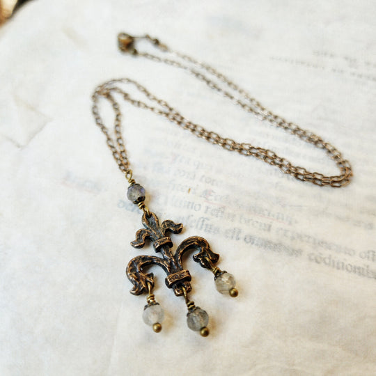 fleur de lis amulet - antiqued bronze with labradorite