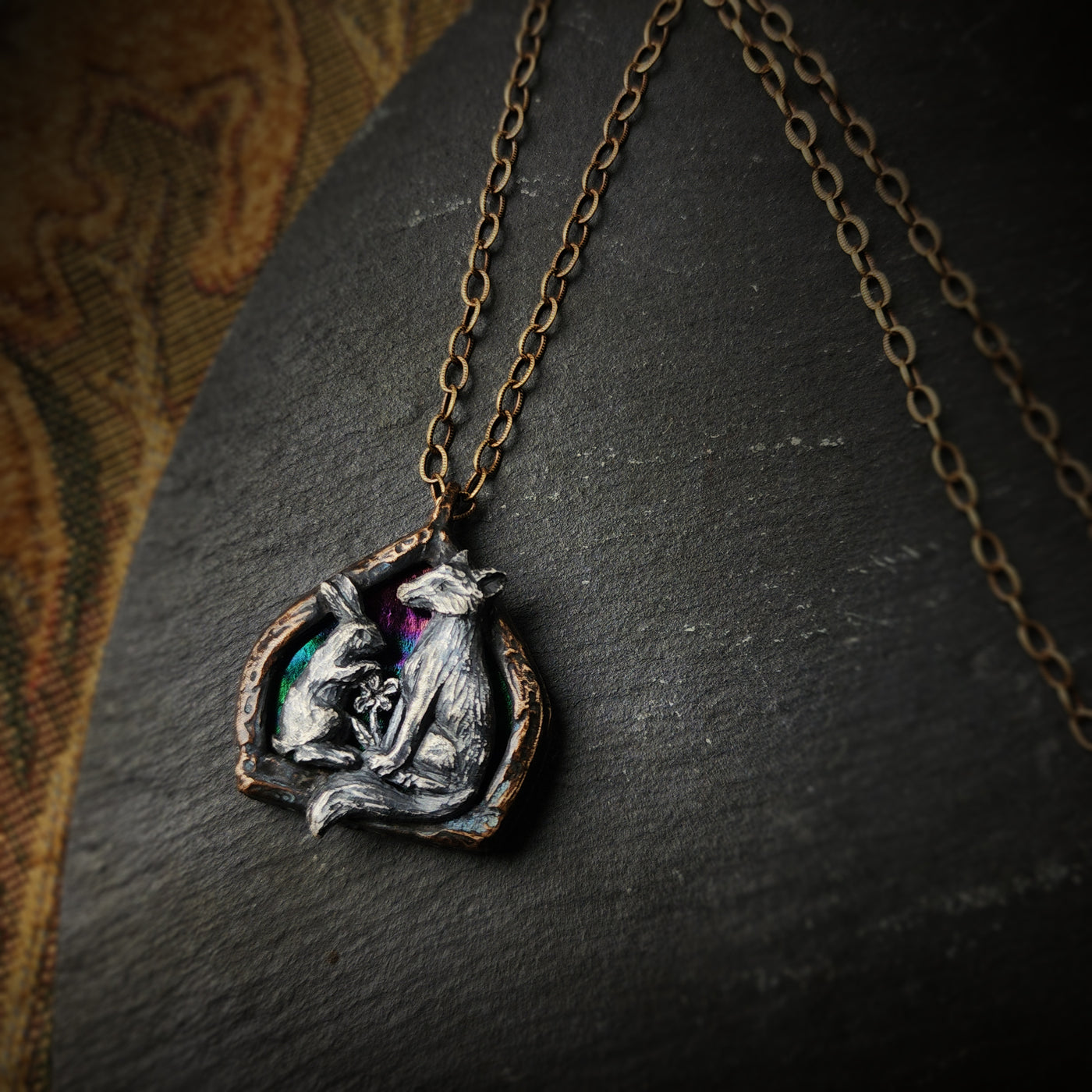 lapin, renard et fleur arch window amulet - antiqued sterling & bronze