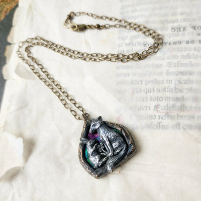 lapin, renard et fleur arch window amulet - antiqued sterling & bronze