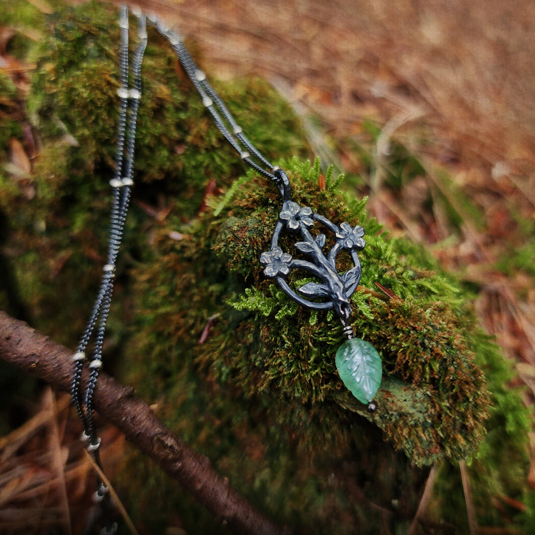 trois fleurs sacrées amulet - antiqued sterling with aventurine leaf