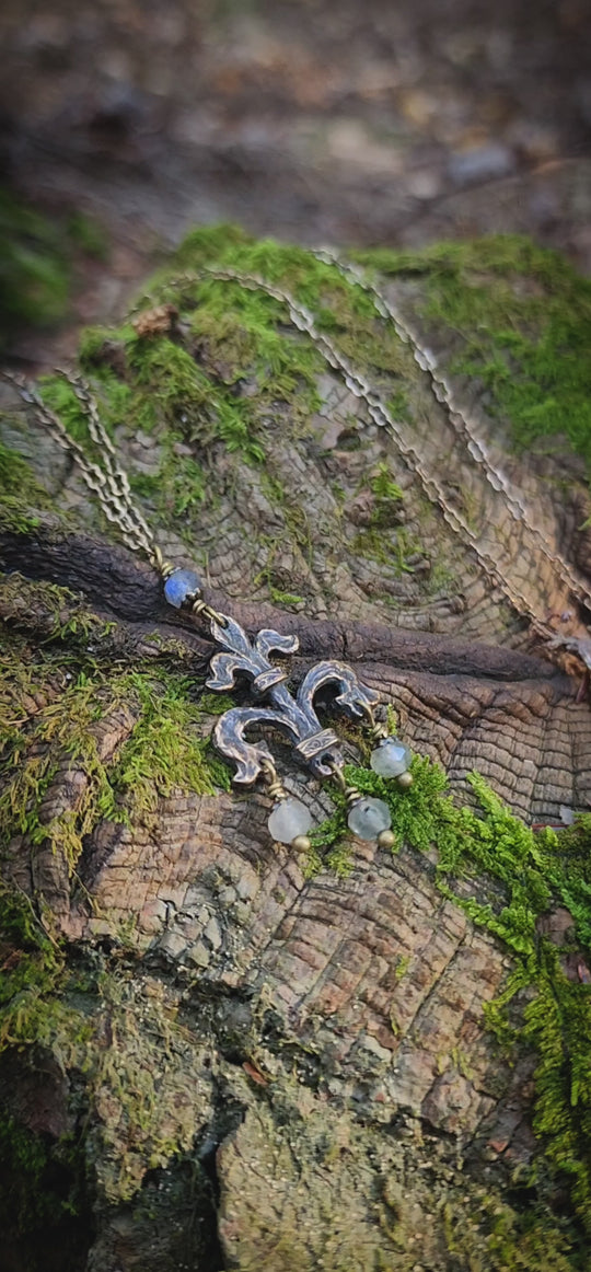 fleur de lis amulet - antiqued bronze with labradorite