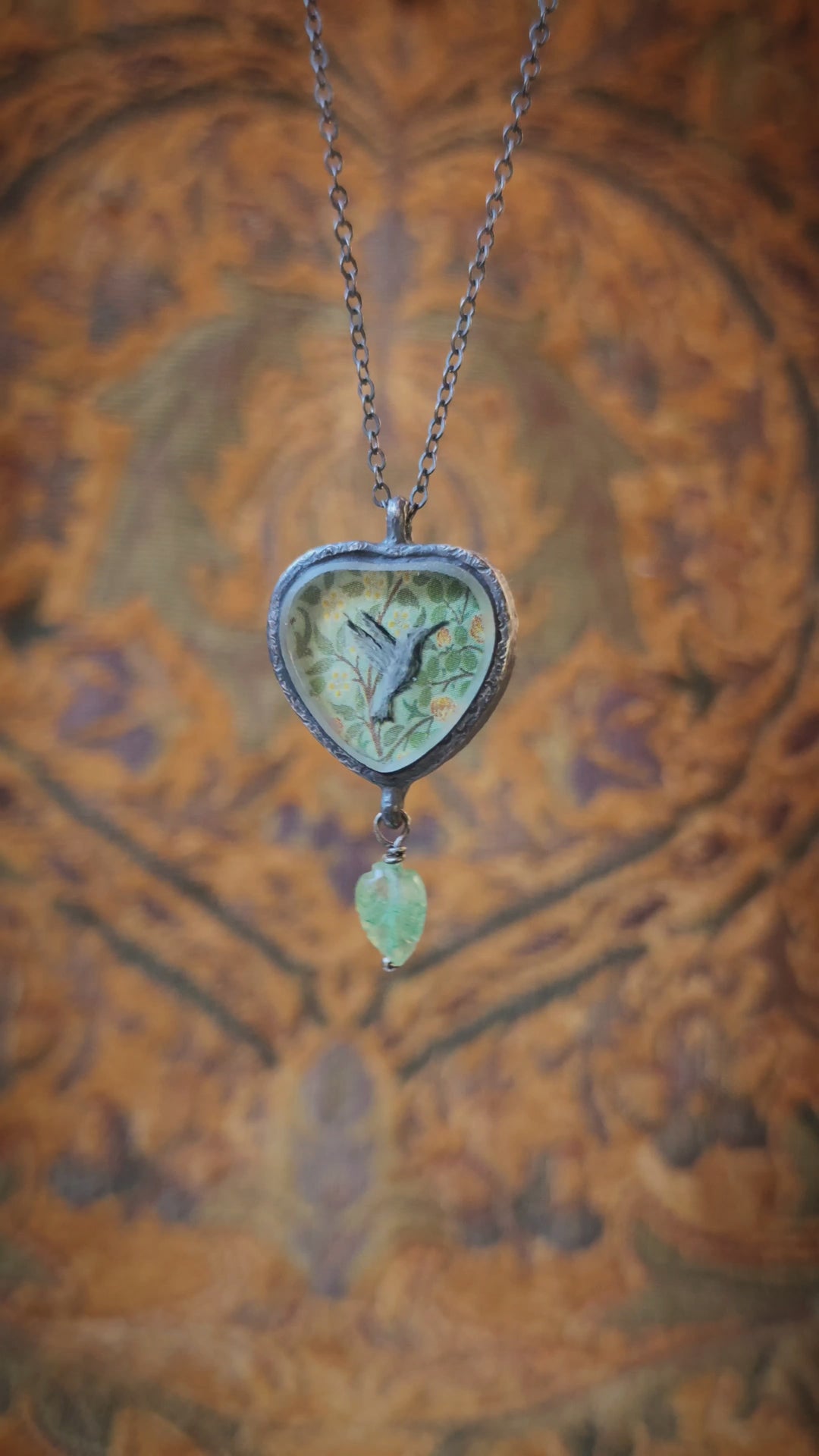 hummingbird garden - enameled pictorial heart amulet
