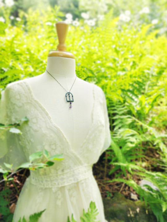 queen isabella window amulet - antiqued sterling with amethyst quartz