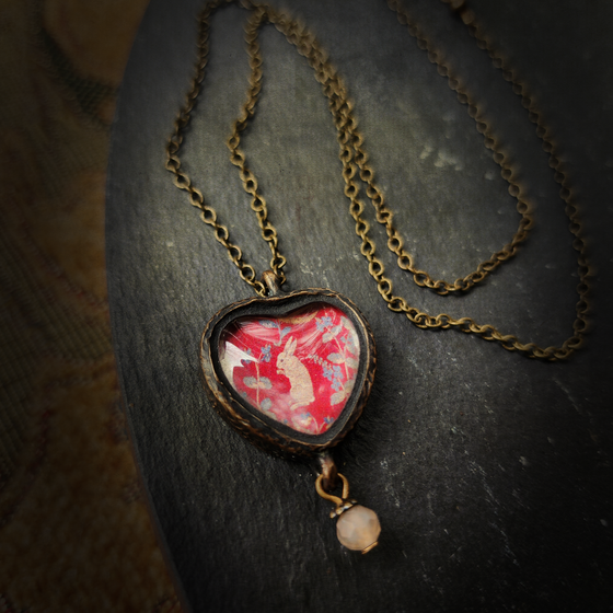 tapestry rabbit - pictorial heart amulet