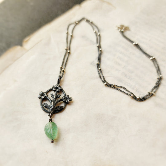 trois fleurs sacrées amulet - antiqued sterling with aventurine leaf