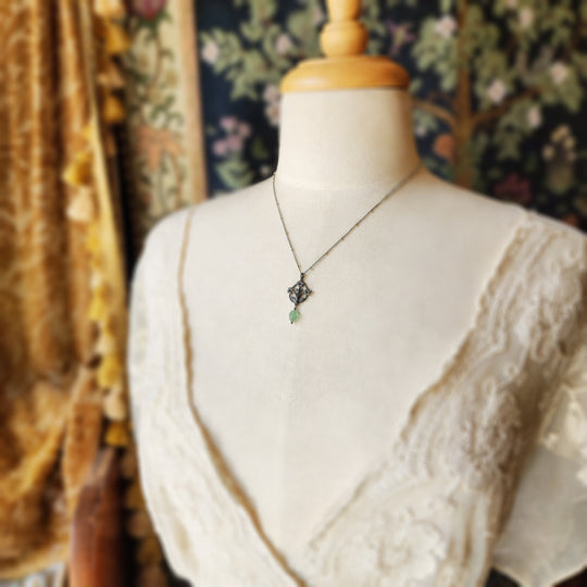 trois fleurs sacrées amulet - antiqued sterling with aventurine leaf