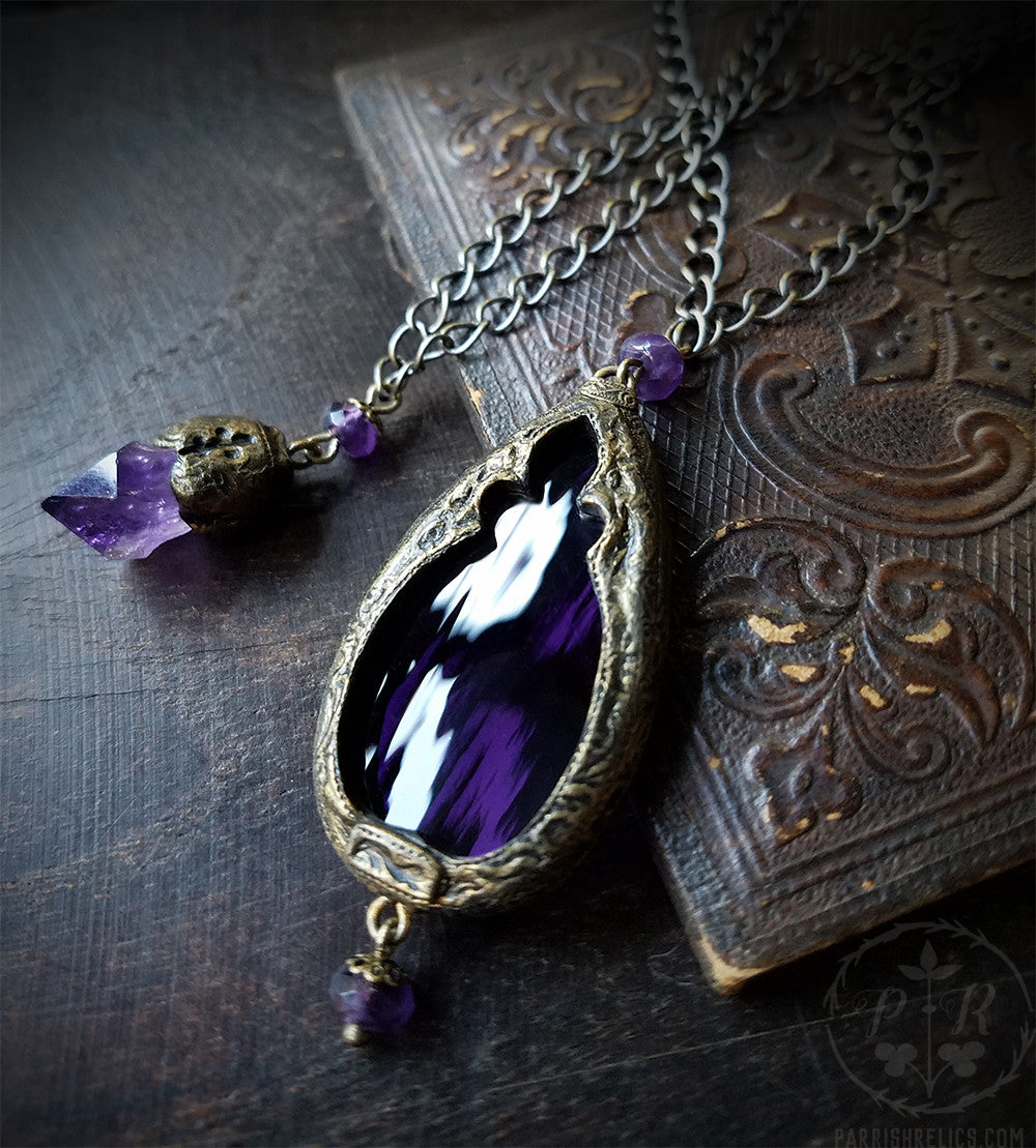 Temperance & Harmony ~ Amethyst Quartz Crystal & Stained Glass Gothic Arch ~ Duet Pendants