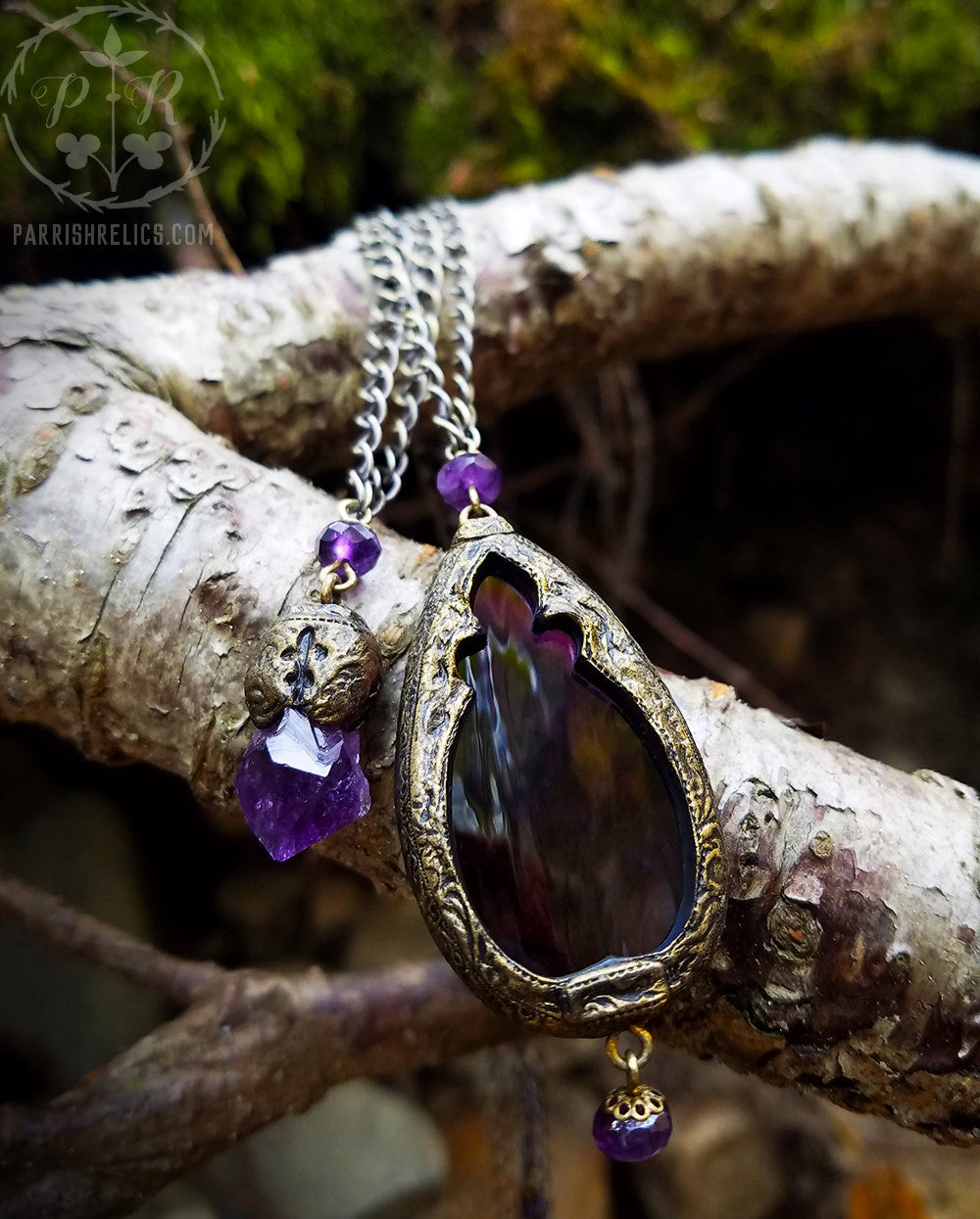 Temperance & Harmony ~ Amethyst Quartz Crystal & Stained Glass Gothic Arch ~ Duet Pendants