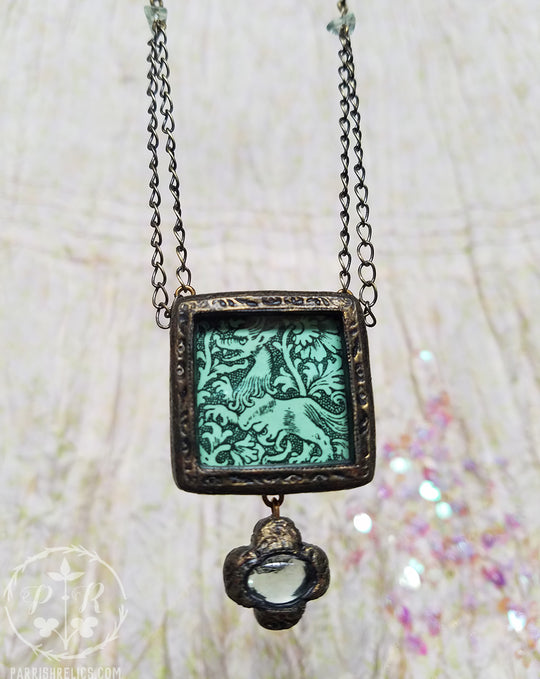 Two-Faced Beastie ~ Medieval Woodcut Pictorial Shrine Amulet ~ Fluorite Crosslet