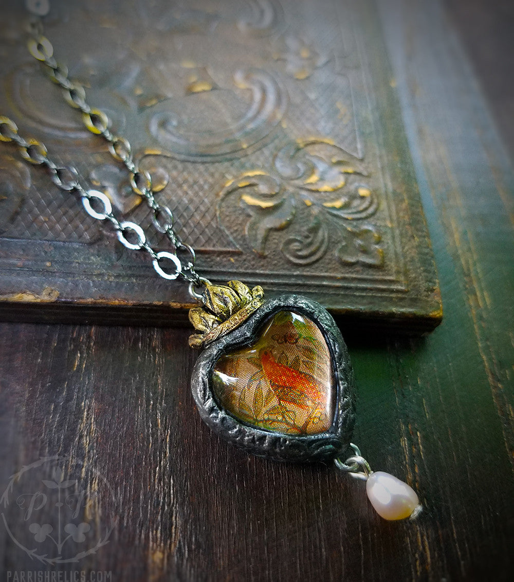 Golden Bird & Butterfly Sacred Heart ~ Pictorial Shrine Amulet