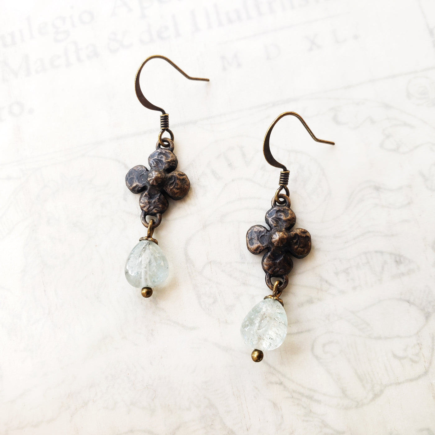 clover earrings : aquamarine & antiqued bronze