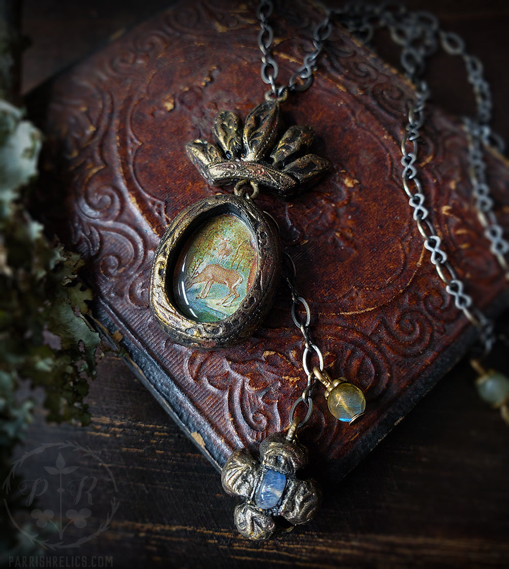 Crowned Stag Amulet with Labradorite Clover Cross