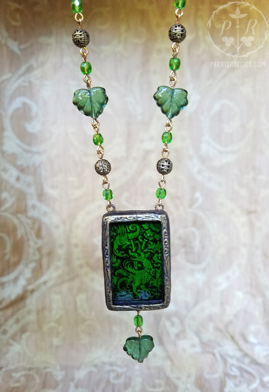 Medieval Beasties Woodcut ~ Emerald Stained Glass Pictorial Amulet