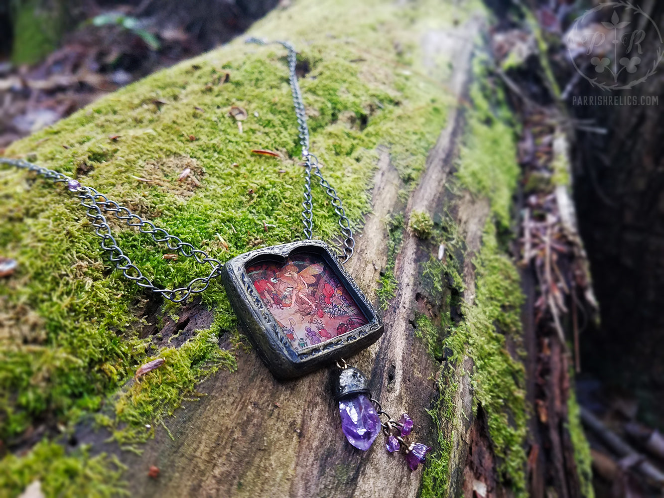 Amethyst Quartz ~ Iridescent Stained Glass Fairy Woodland Pictorial Shrine Amulet