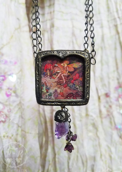 Amethyst Quartz ~ Iridescent Stained Glass Fairy Woodland Pictorial Shrine Amulet