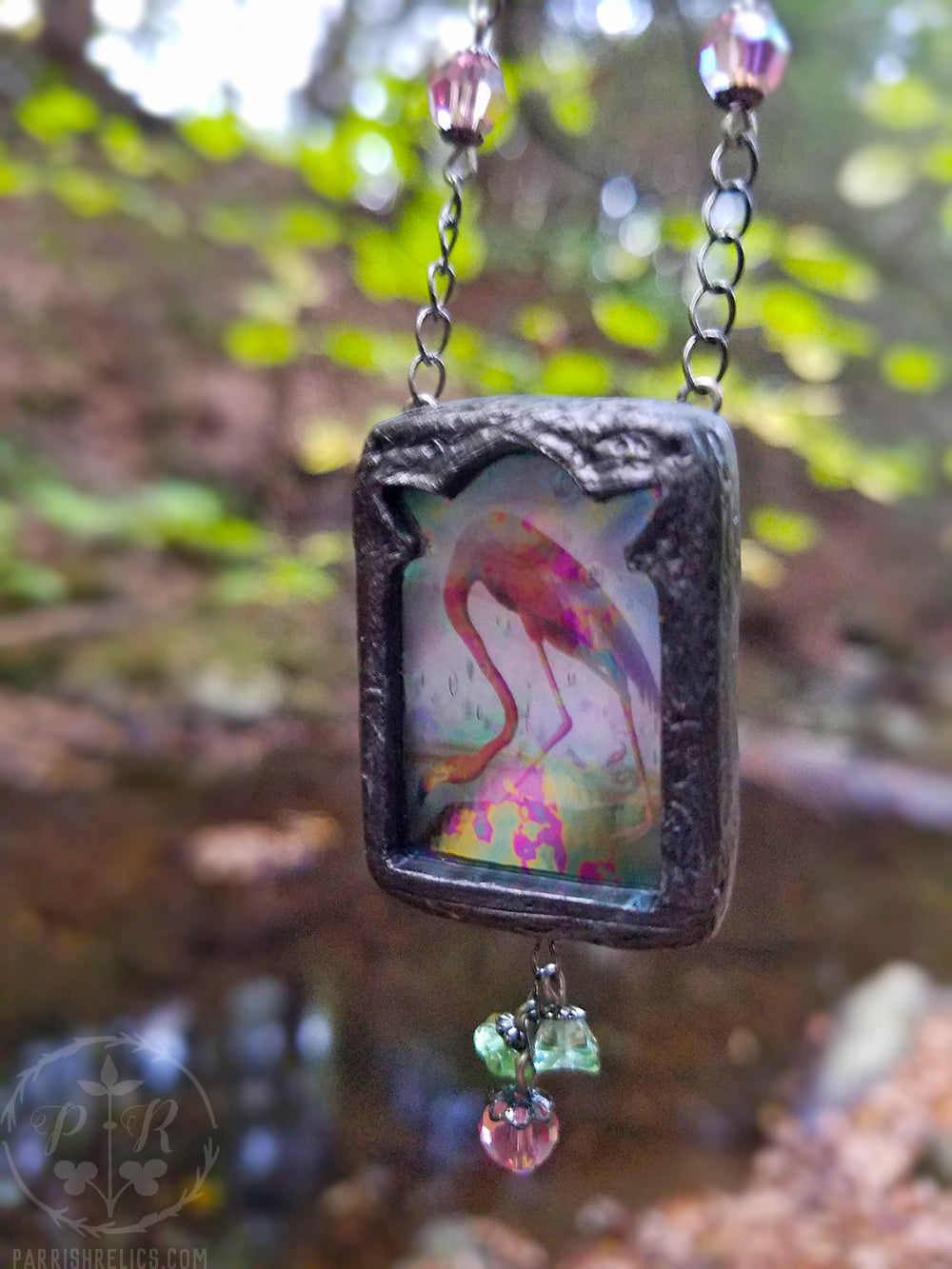 Iridescent Stained Glass Flamingo Pictorial Shrine Amulet