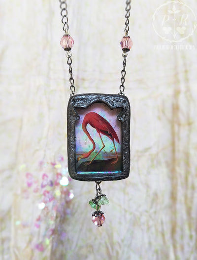 Iridescent Stained Glass Flamingo Pictorial Shrine Amulet