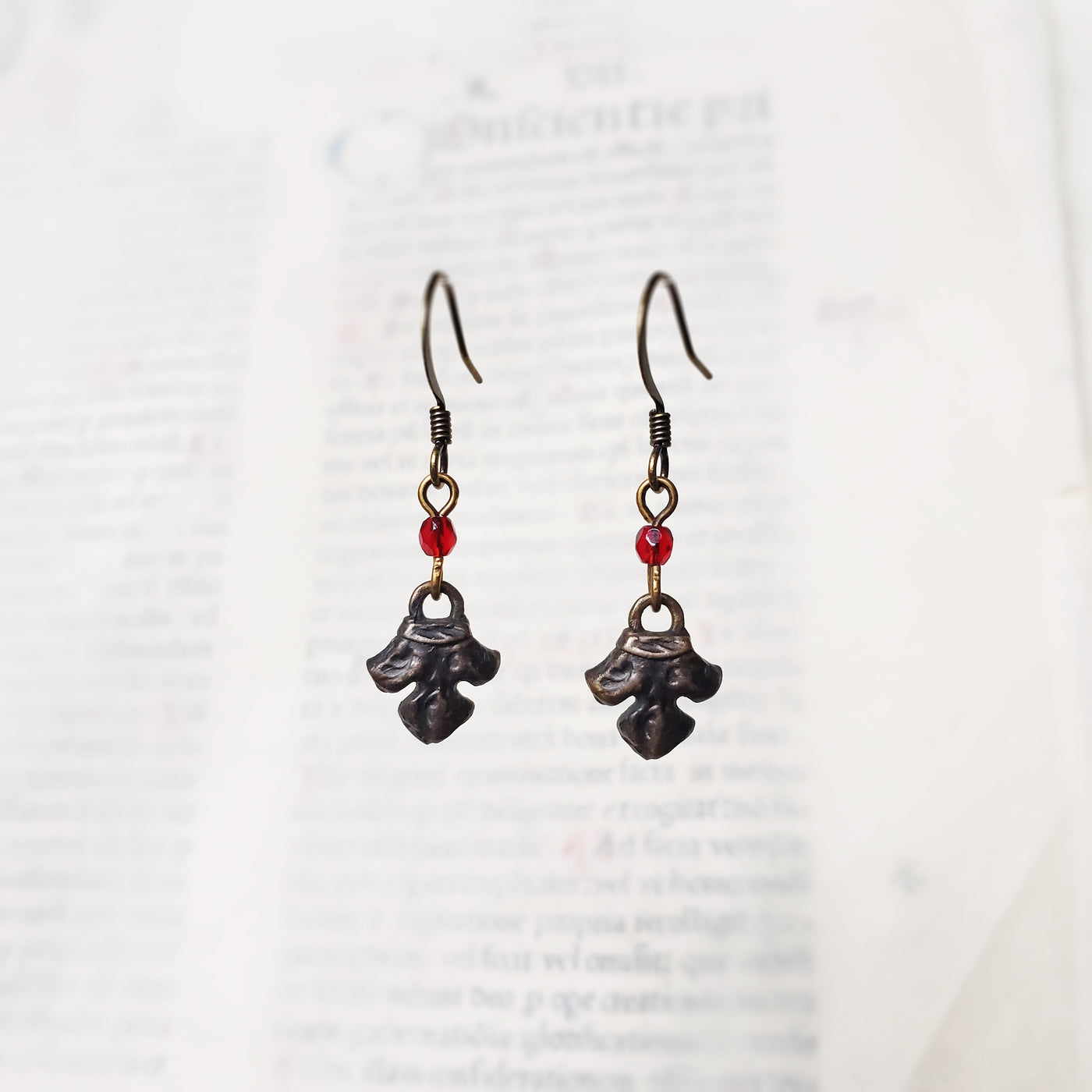 fleur earrings : ruby glass & antiqued bronze