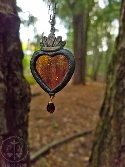 Garnet Sacred Heart ~ Stained Glass Amulet