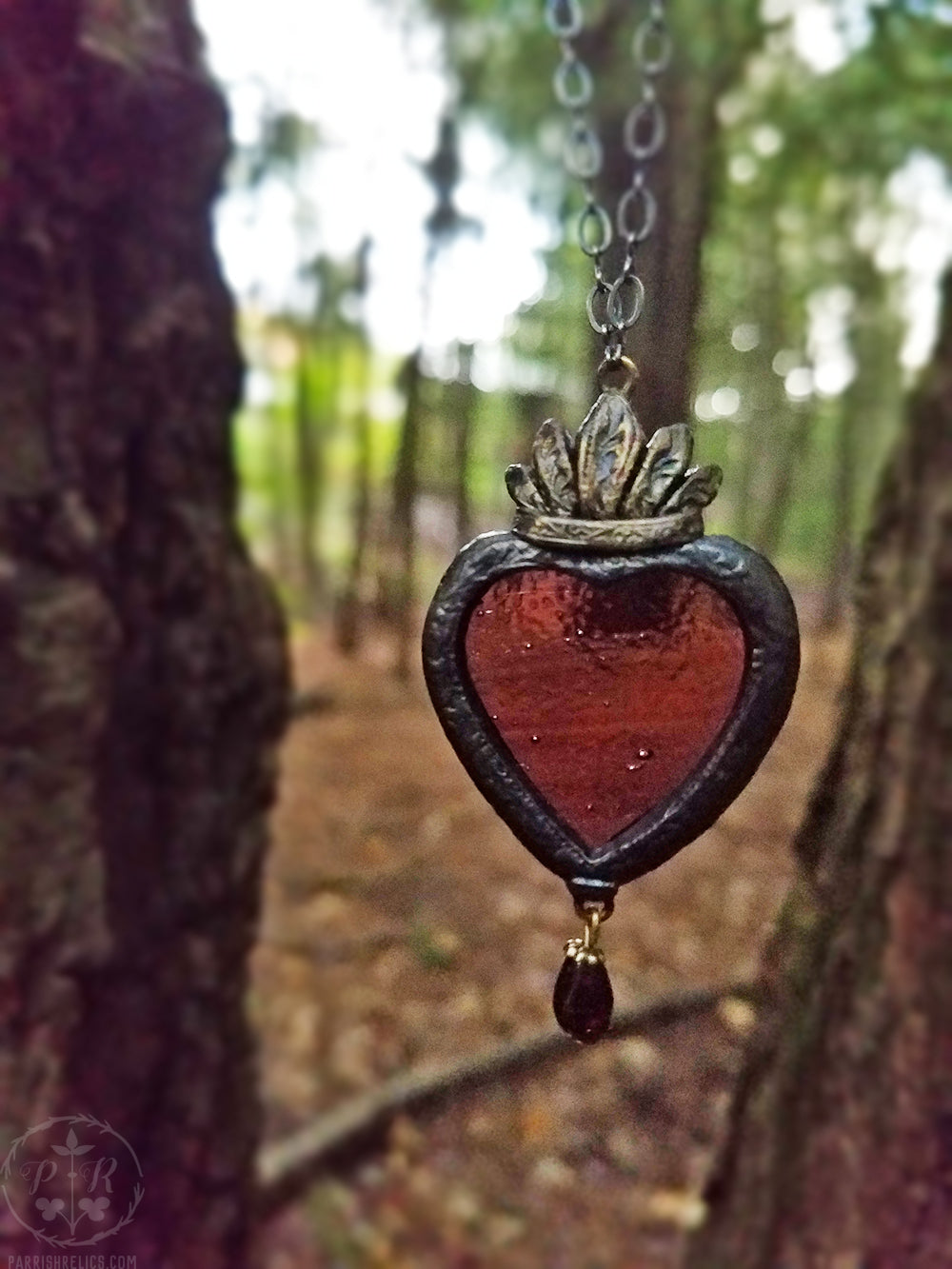 Garnet Sacred Heart ~ Stained Glass Amulet