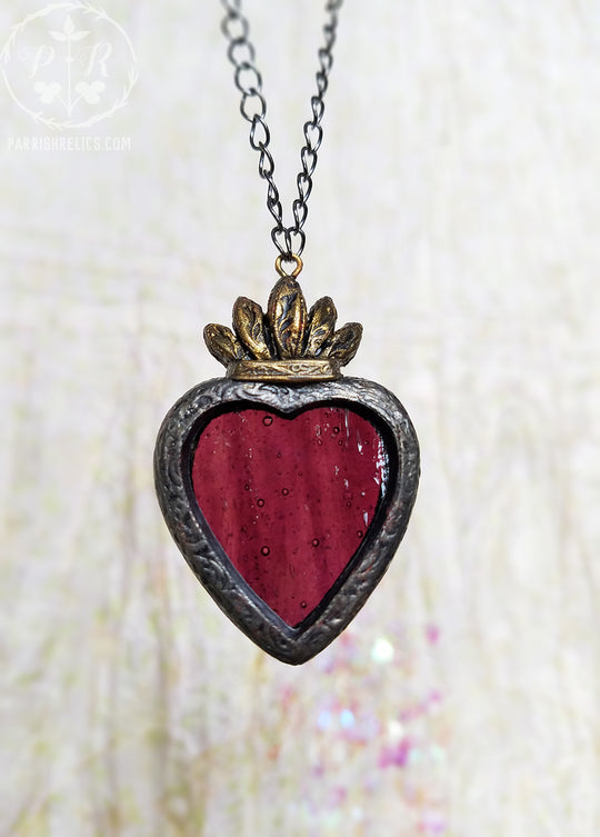 Garnet Sacred Heart ~ Stained Glass Amulet
