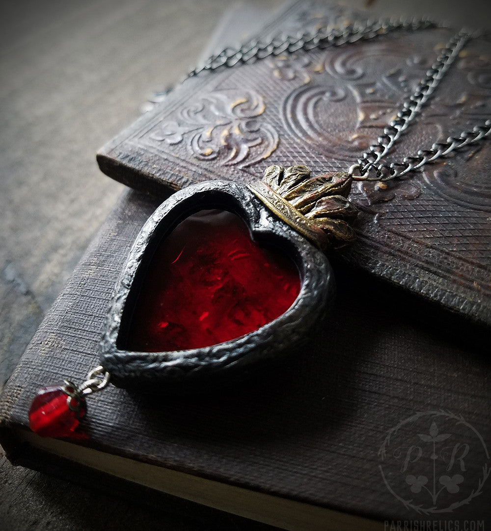 HOPE ~ Birch Bark & Stained Glass Sacred Heart Amulet