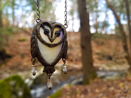 tyto alba ~ Opalescent Stained Glass Barn Owl Amulet